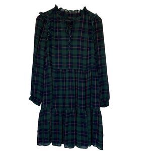 J Crew Medium Dress Tartan Plaid Green Blue Red Sheer Tiered Knee Length Ruffle